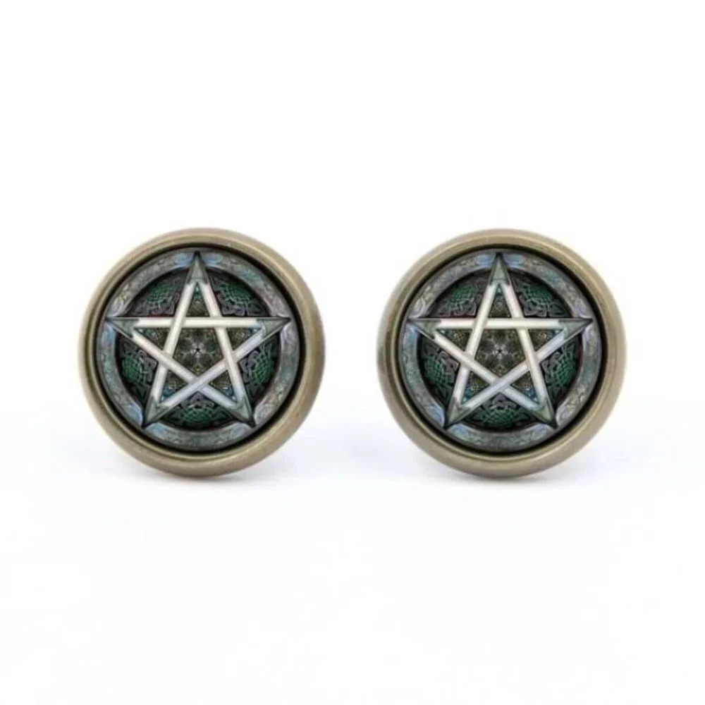 Dark Pentacle Wiccan Pagan Glass Cabochon Round Antique Bronze Stud Earrings